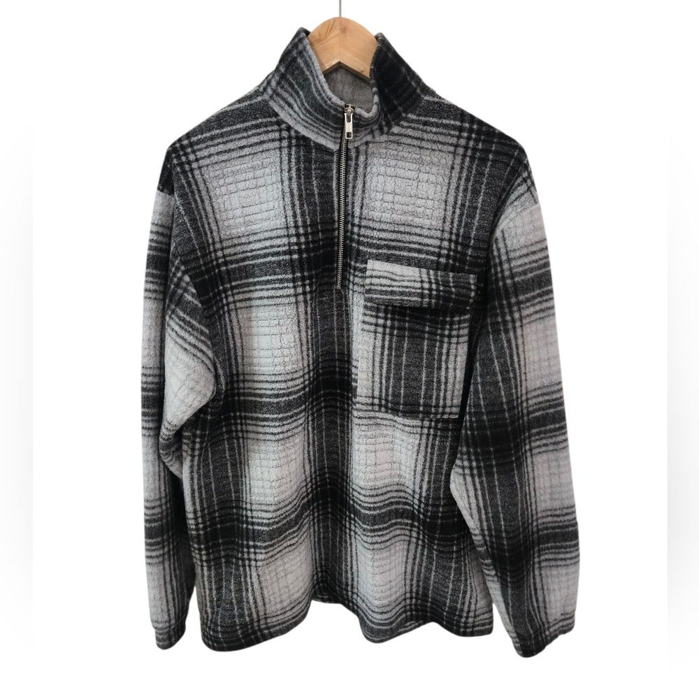 Topman Oversized Textured Half Zip Sweatshirt Black Gray Plaid Size Medium